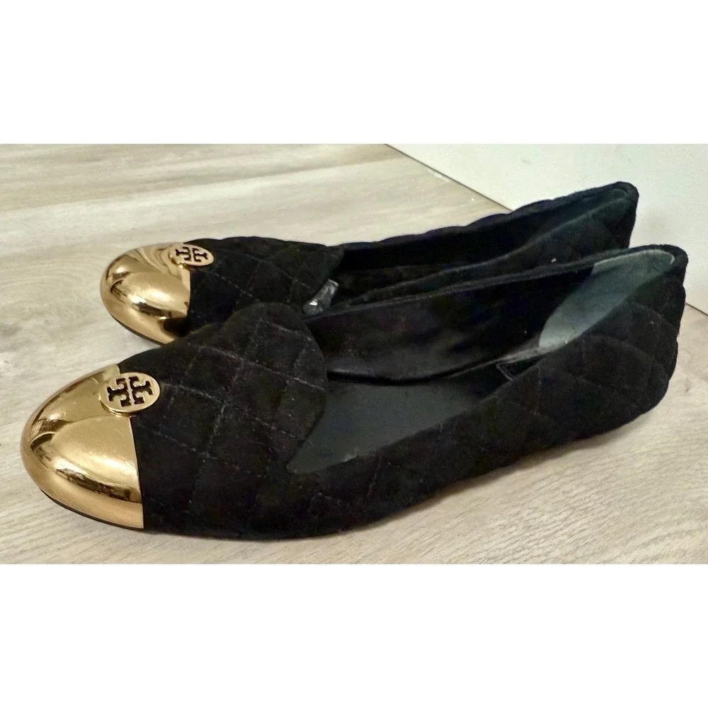Tory Burch Quilted Suede Cap Toe Flats Women 7 Black Gold Good Logo Medallion